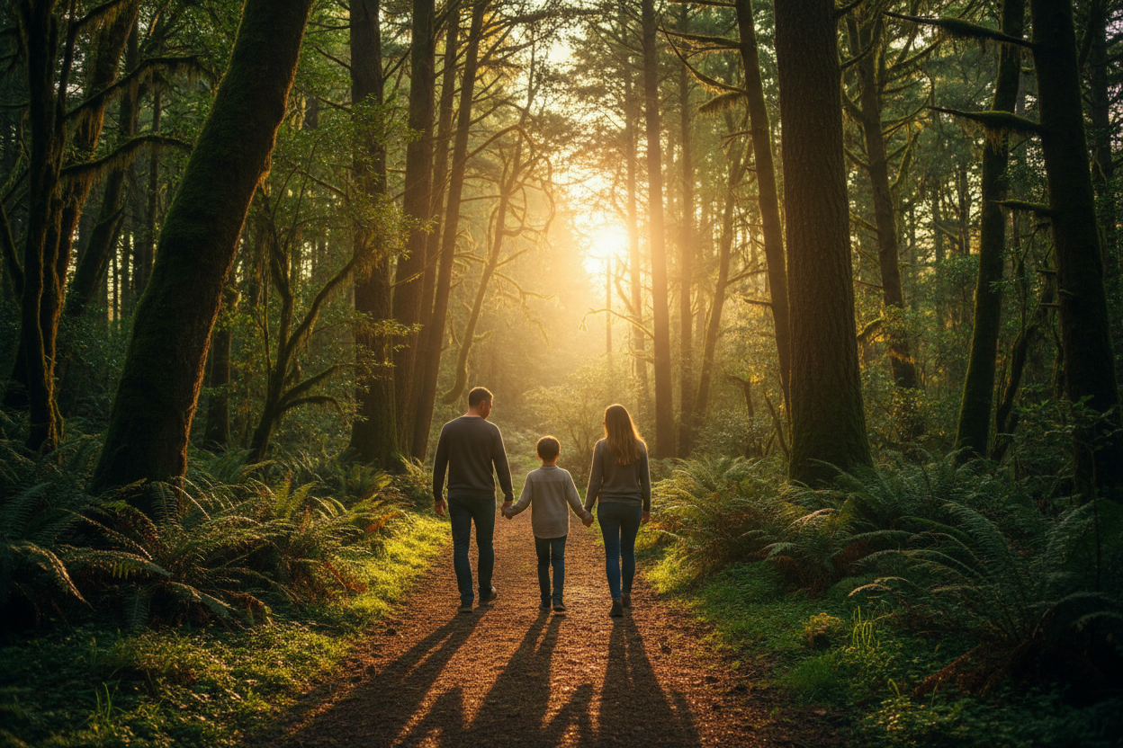 Familia tomada de las manos en el bosque